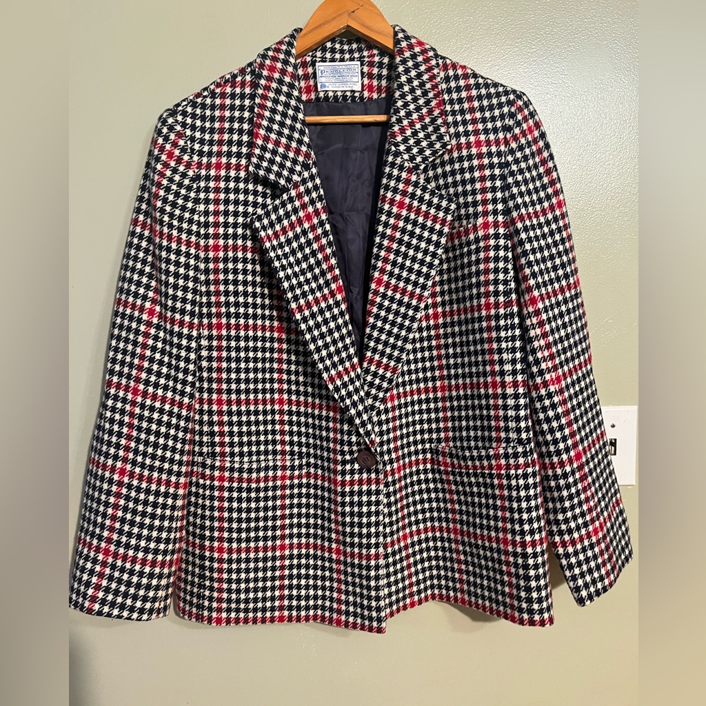 Pendleton Vtg Black And Red Checkered Blazer New Virgin Wool Usa L